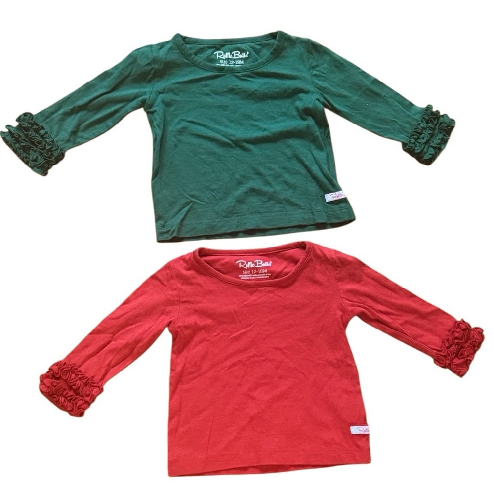 Ruffle Butts Toddler Girl Set of 2 Vibrant Red and Green Long Sleeve Tees